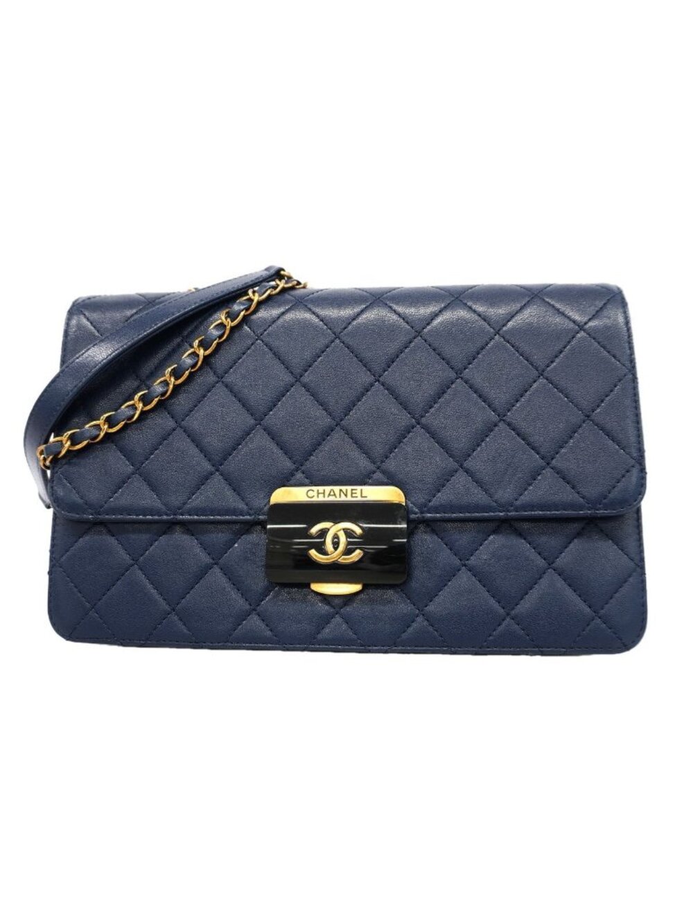 Chanel Shoulder Bag Quilted Leather Navy Gold